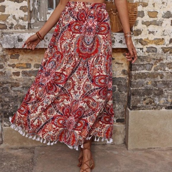 Boho Paisley Floral Skirt Fringe Hem Red - Picture 4 of 7